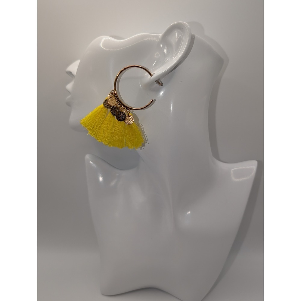 Handmade Yellow Fringe Hoop Top Earrings Shimmer Disc Accent 2.75" NEW